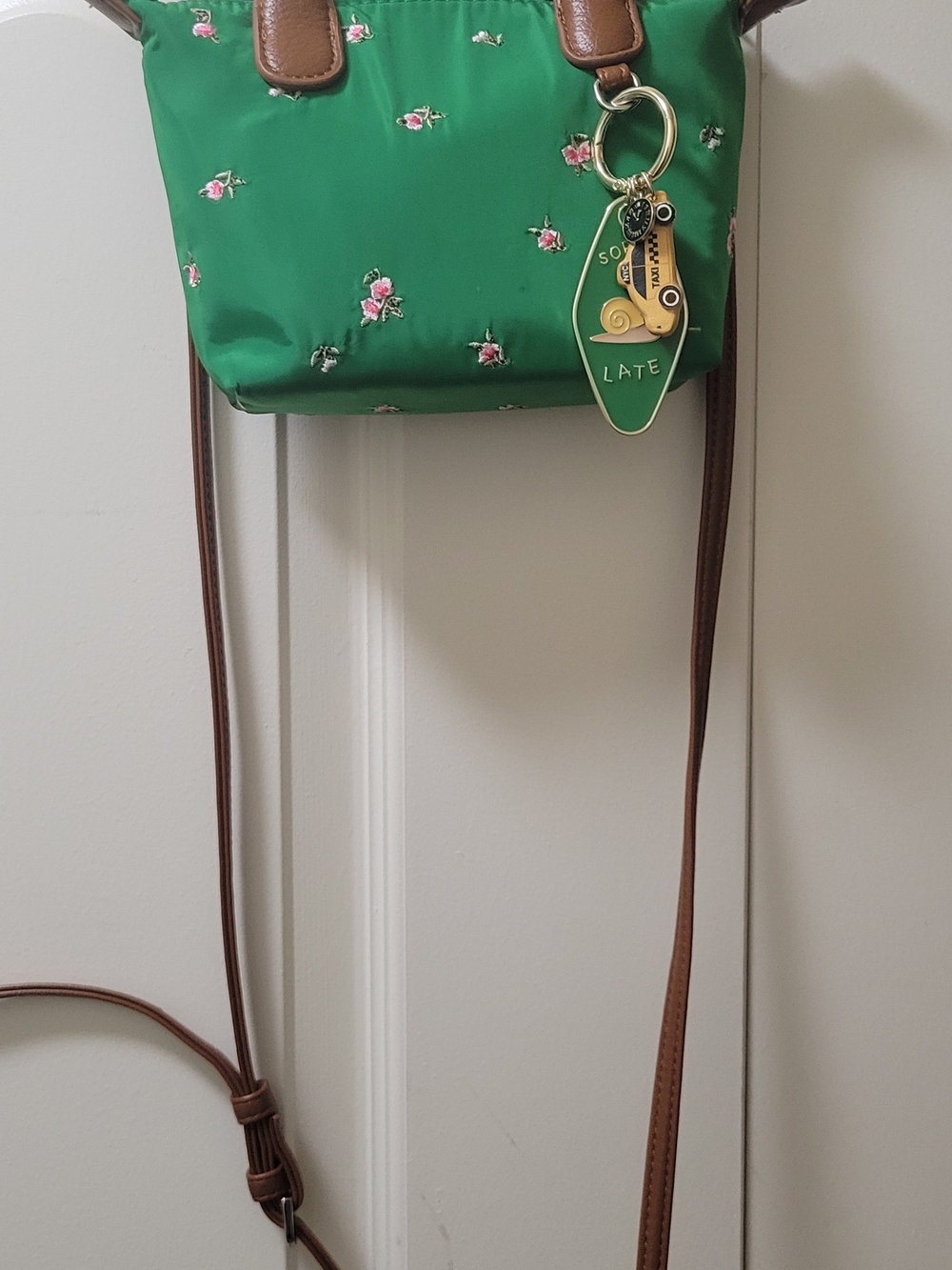 No Boundaries Green Floral Crossbody with Brown Trim and Gold Charm